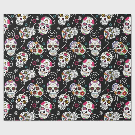 Zuckerkulls und Wirbel Schwarz ID725 Geschenkpapier (Flach)