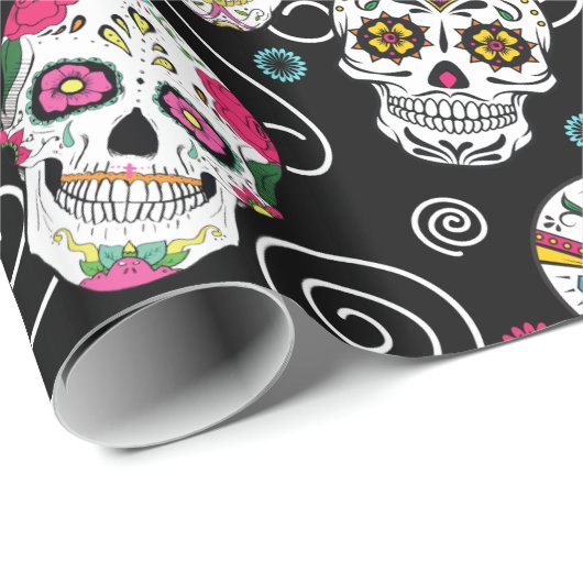 Zuckerkulls und Wirbel Schwarz ID725 Geschenkpapier (Rolleneckpunkt)