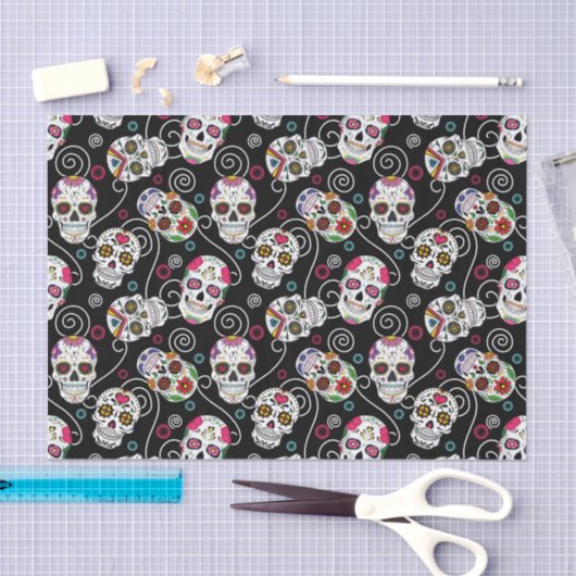 Zuckerkulls und Wirbel Schwarz ID725 Seidenpapier (Handwerk)