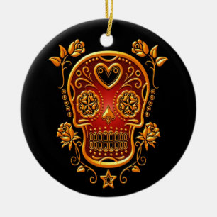 Zuckern Sie Schädel mit Rosen, Gelb und Rot Keramik Ornament