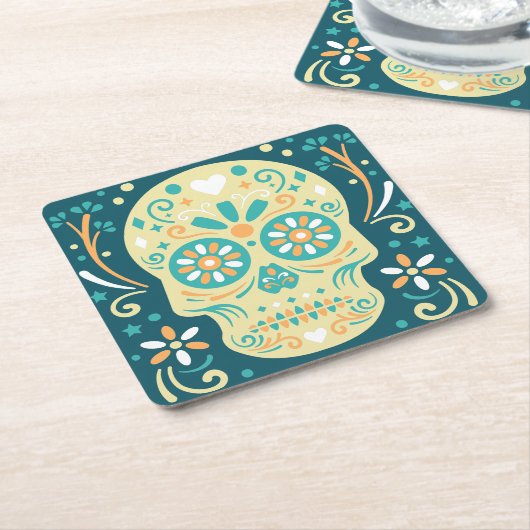 Zuckerschädel Aquamarin und Orange Rechteckiger Pappuntersetzer (angewinkelt)