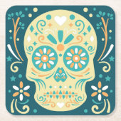 Zuckerschädel Aquamarin und Orange Rechteckiger Pappuntersetzer (Vorderseite)