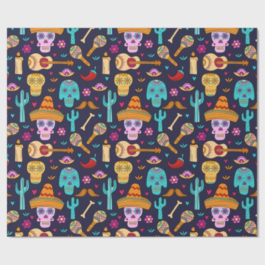 Zuckerschädel auf dunkelblauem Papier Geschenkpapier (Flach)