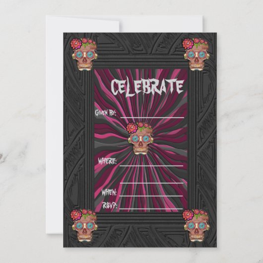 Zuckerschädel aus Schnittholz mit Blütenblättern Einladung (Rückseite)