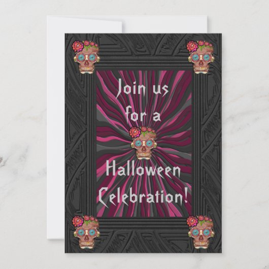 Zuckerschädel aus Schnittholz mit Blütenblättern Einladung (Vorderseite)