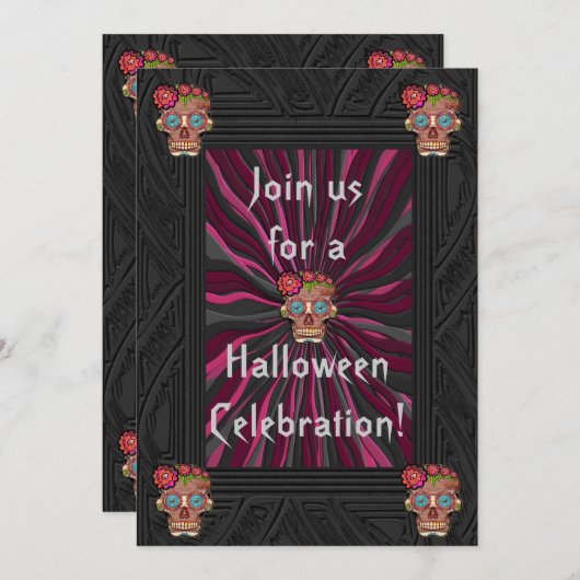 Zuckerschädel aus Schnittholz mit Blütenblättern Einladung (Vorne/Hinten)