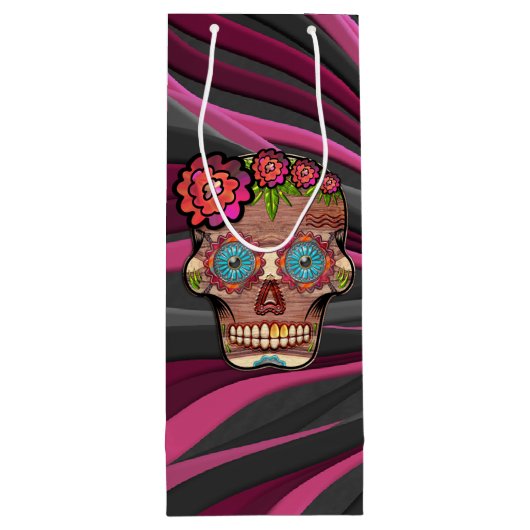 Zuckerschädel aus Schnittholz mit Blütenkrone Geschenktüte Für Weinflaschen (Rückseite)