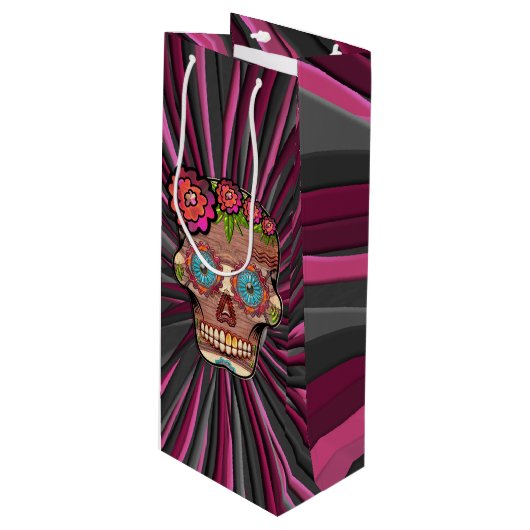 Zuckerschädel aus Schnittholz mit Blütenkrone Geschenktüte Für Weinflaschen (Vorderseite Schrägansicht)