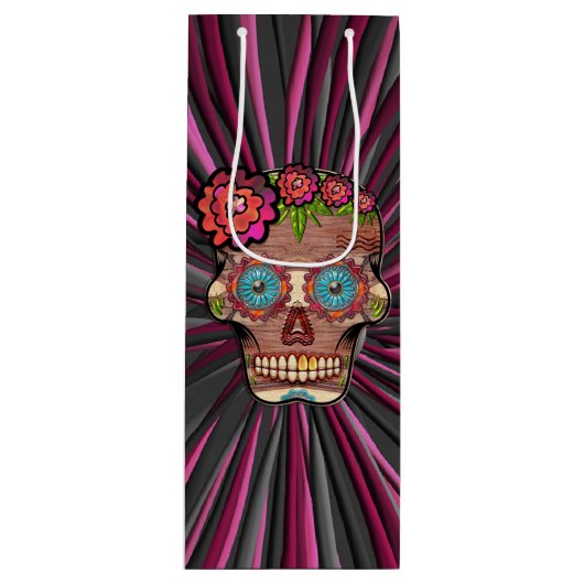 Zuckerschädel aus Schnittholz mit Blütenkrone Geschenktüte Für Weinflaschen (Vorderseite)