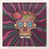 Zuckerschädel aus Schnittholz mit Blütenkrone Glasuntersetzer (Vorderseite)