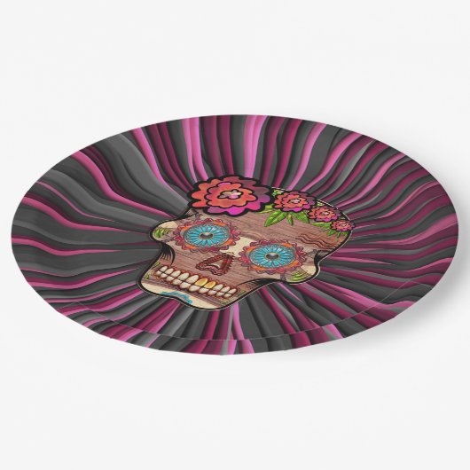 Zuckerschädel aus Schnittholz mit Blütenkrone Pappteller (Schrägansicht)