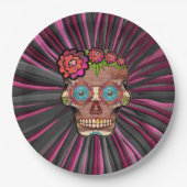 Zuckerschädel aus Schnittholz mit Blütenkrone Pappteller (Vorderseite)