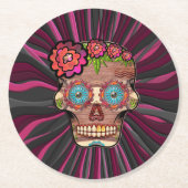 Zuckerschädel aus Schnittholz mit Blütenkrone Runder Pappuntersetzer (Vorderseite)