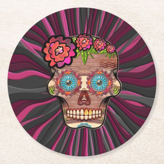 Zuckerschädel aus Schnittholz mit Blütenkrone Runder Pappuntersetzer (Vorderseite)