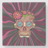 Zuckerschädel aus Schnittholz mit Blütenkrone Steinuntersetzer (Vorderseite)