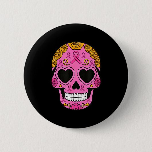 Zuckerschädel-Brustkrebs-Bewusstsein Rosa Band Ca Button (Vorderseite)