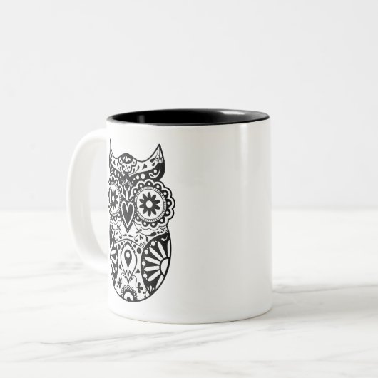 Zuckerschädel-Eulen-Schwarzes u. Weiß Zweifarbige Tasse (Vorderseite Links)