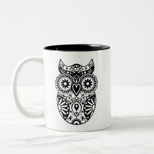 Zuckerschädel-Eulen-Schwarzes u. Weiß Zweifarbige Tasse (Links)