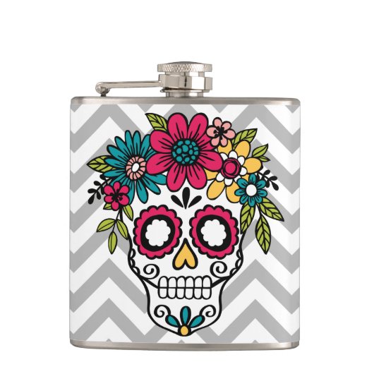 Zuckerschädel-Flasche, Tag der Toten, Blumen Flachmann (Vorderseite)