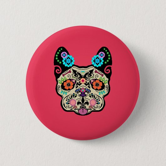 Zuckerschädel Frenchie - Rosa Button (Vorderseite)