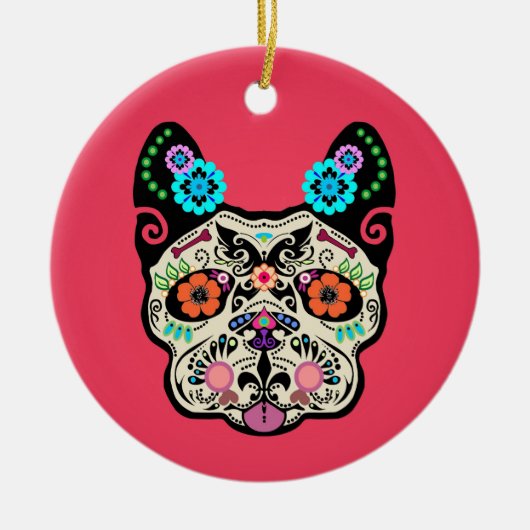 Zuckerschädel Frenchie - Rosa Keramikornament (Vorne)