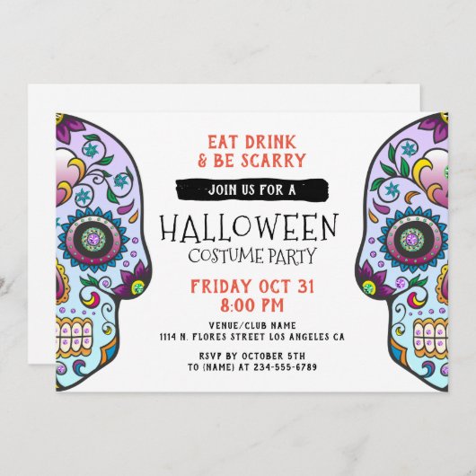 Zuckerschädel Halloween Custom Party Einladung (Vorne/Hinten)