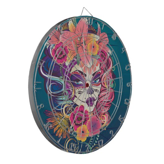 Zuckerschädel in Blume Kronporträt Dartscheibe (Vorderseite Links)