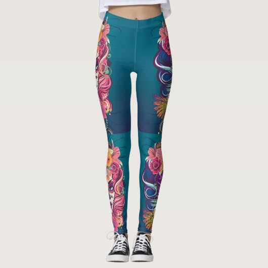 Zuckerschädel in Blume Kronporträt Leggings (Vorderseite)