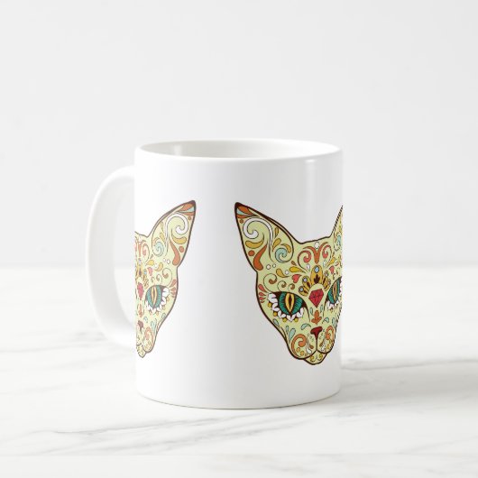 Zuckerschädel-Katze - Tätowierungs-Entwurf Kaffeetasse (Vorderseite Links)