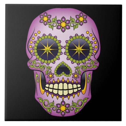 Zuckerschädel-lila Blumen Fliese (Vorderseite)