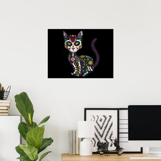 Zuckerschädel mexikanische Katze Halloween des Tot Poster (Heimbüro)