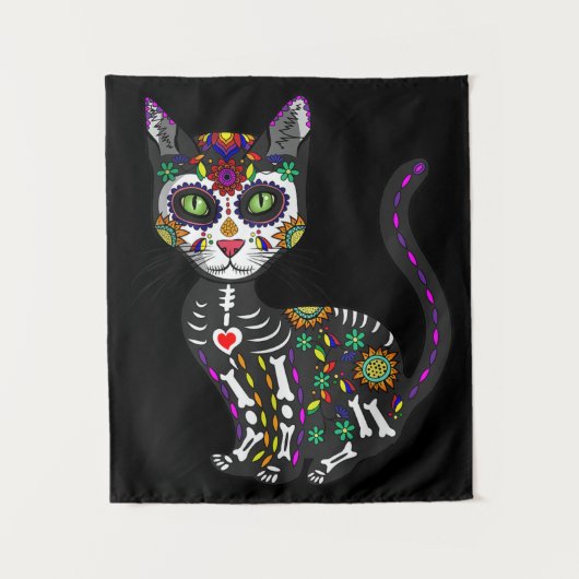 Zuckerschädel mexikanische Katze Halloween des Tot Wandteppich (Vorderseite)