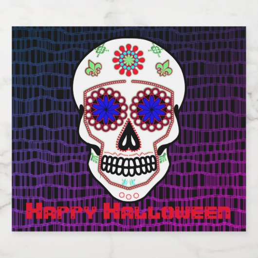 Zuckerschädel mit blauen Augen und grüner Lilie Bierflaschenetikett (Einzelnes Label)