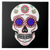 Zuckerschädel mit blauen Augen und grüner Lilie Fliese (Vorderseite)