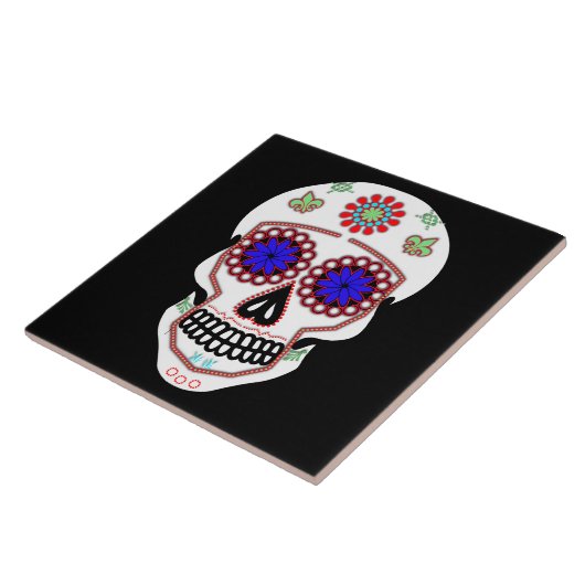 Zuckerschädel mit blauen Augen und grüner Lilie Fliese (Seite)