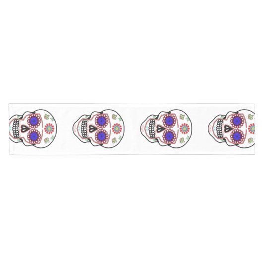 Zuckerschädel mit blauen Augen und grüner Lilie Kurzer Tischläufer (Horizontal)