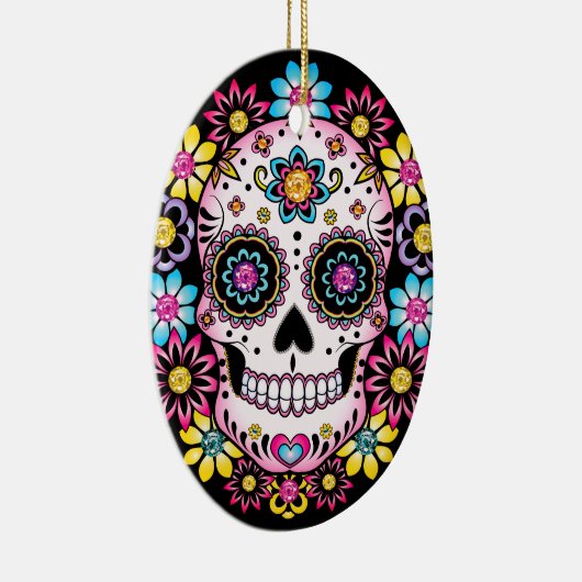 Zuckerschädel mit farbigen Blume Keramik Ornament (Rechts)