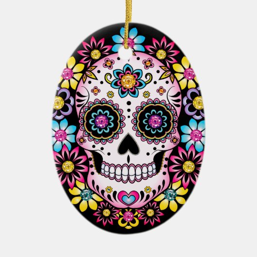 Zuckerschädel mit farbigen Blume Keramik Ornament (Vorne)