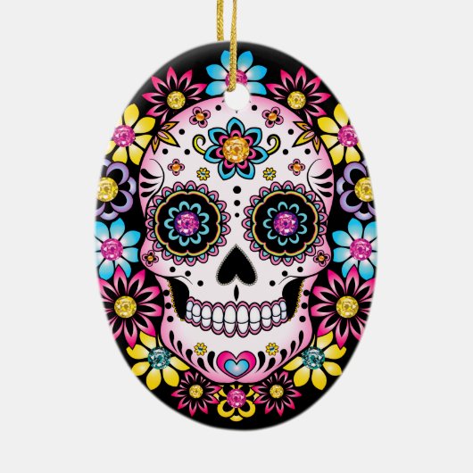 Zuckerschädel mit farbigen Blume Keramik Ornament (Hinten)