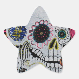 Zuckerschädel mit Rosen Stern-Aufkleber