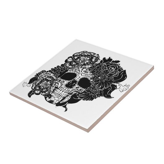 Zuckerschädel mit schwarz-weißen Blume Fliese (Seite)