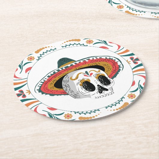 Zuckerschädel mit Sombrero Runder Pappuntersetzer (Angewinkelt)