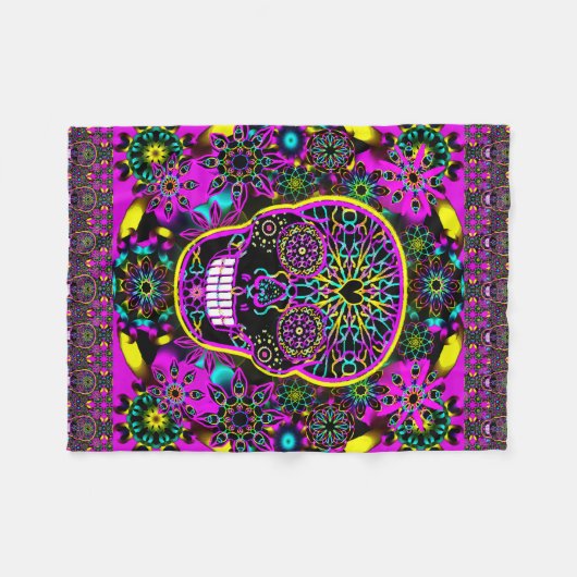 Zuckerschädel-Neon-Rosa Fleecedecke (Vorderseite (Horizontal))