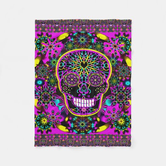 Zuckerschädel-Neon-Rosa Fleecedecke (Vorderseite)