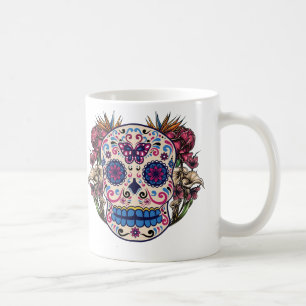 Zuckerschädel-Rosa-Rosen-mehrfarbige Blumen Kaffeetasse