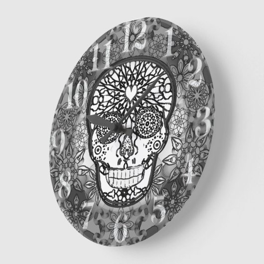 Zuckerschädel Schwarz und Weiß Große Wanduhr (Winkel)