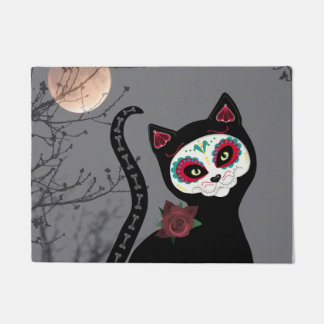 Zuckerschädel-schwarze Katze Fußmatte