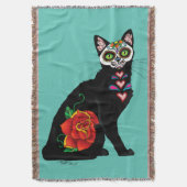 Zuckerschädel schwarze Katze Rose Türkis Herz Decke (Vorderseite Vertikal)