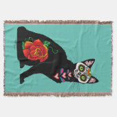 Zuckerschädel schwarze Katze Rose Türkis Herz Decke (Vorderseite)