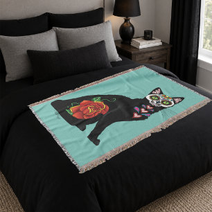 Zuckerschädel schwarze Katze Rose Türkis Herz Decke